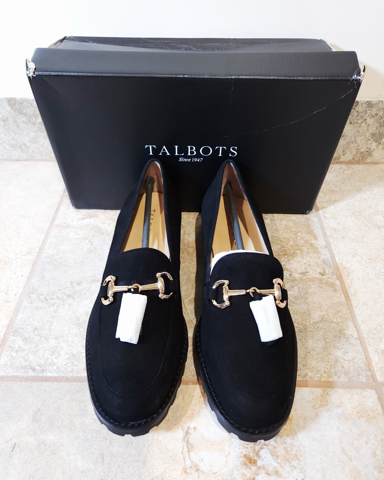 Talbots Cassidy Tassel Womens Loafers Slip-On Black Suede Lug Sole 7.5 M NIB NEW