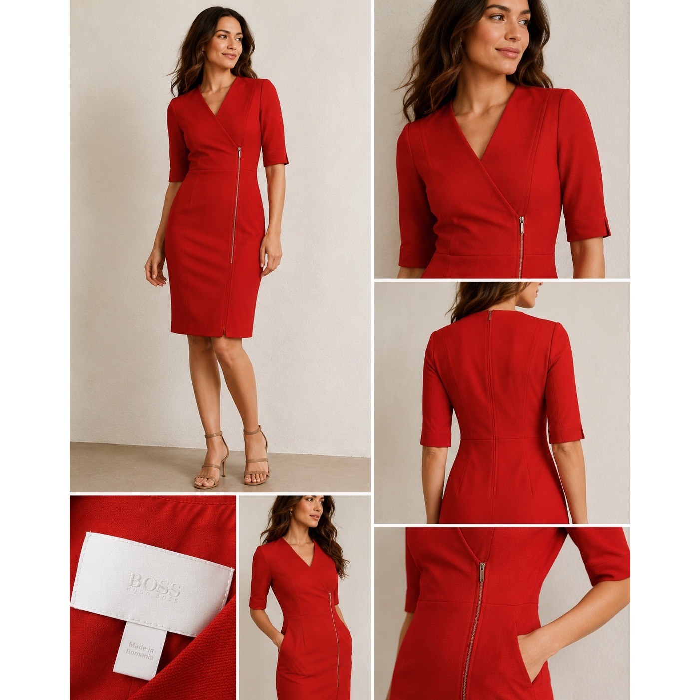 BOSS Hugo Boss Red V-Neck Faux Wrap Sheath Dress with Side Zip Size 4