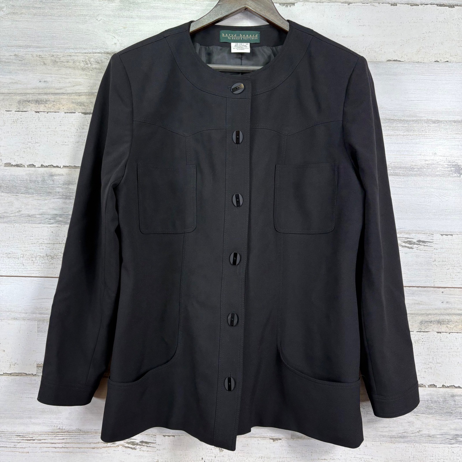 Harvé Benard by Bernard Holtzman Womens Black Collarless Blazer Jacket Size 14