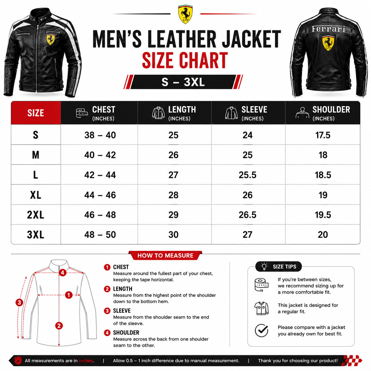 Ferrari Inspired Black Leather Racing Jacket Men’s Motorcycle Biker Cafe Racer C