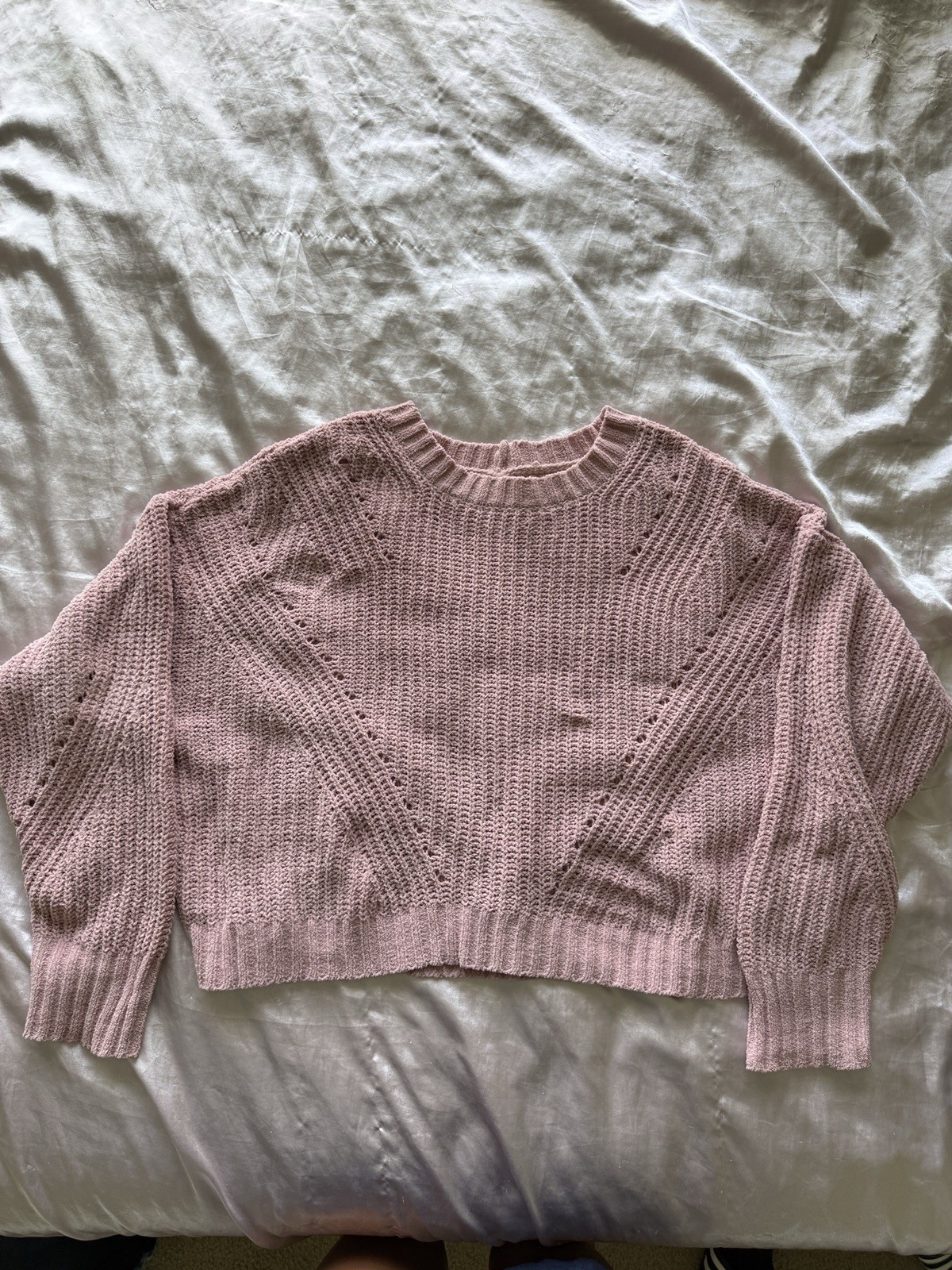 American Eagle Women’s Pink Cropped Knit Sweater Pointelle Chevron Medium M