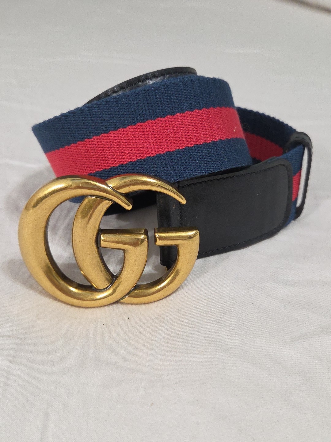 Gucci GG Brass Buckle Striped Navy Red Dress Belt Men’s 36-38 IT 105CM
