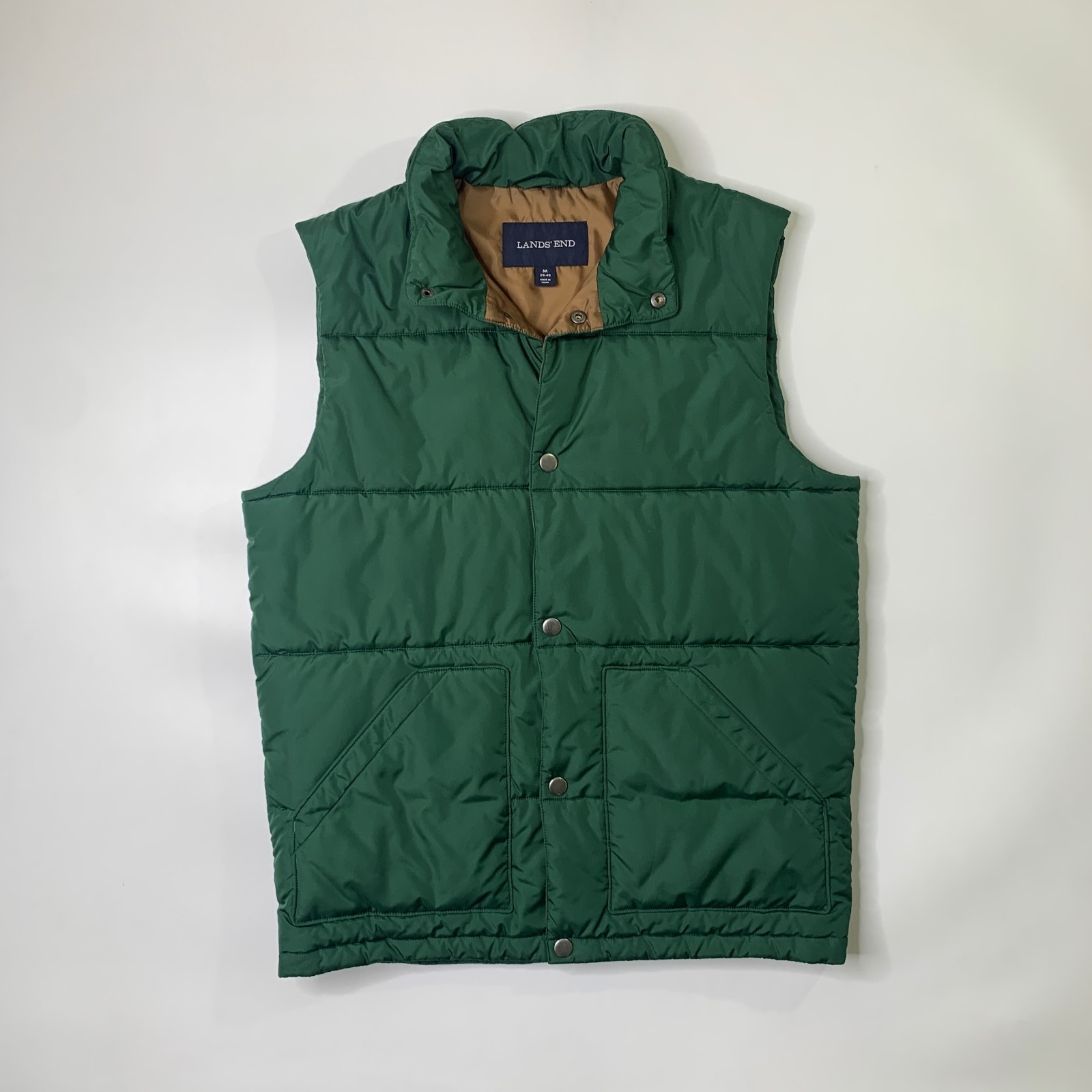 Lands End Vest Mens Medium Pesto Green Insulated Quilted Sleeveless Snap Button