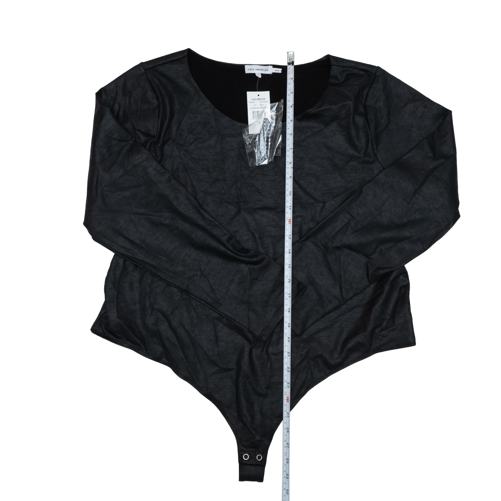 GOOD AMERICAN Leather‑Like Crewneck Long Sleeve Bodysuit Black Size 7 NWT