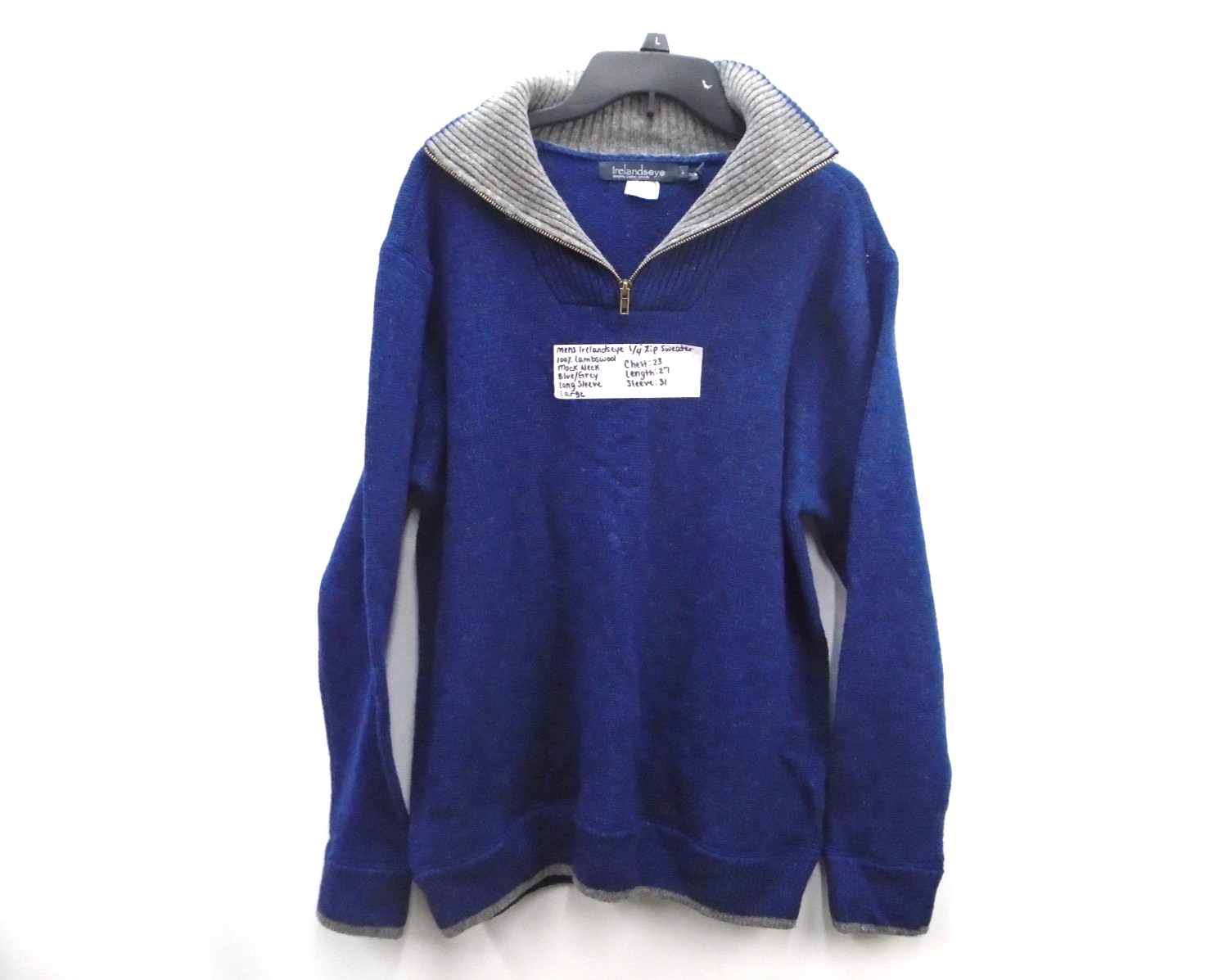 Irelandseye Sweater Men Size L Lambs Wool Blue 1/4 Zip Pullover Made in Ireland