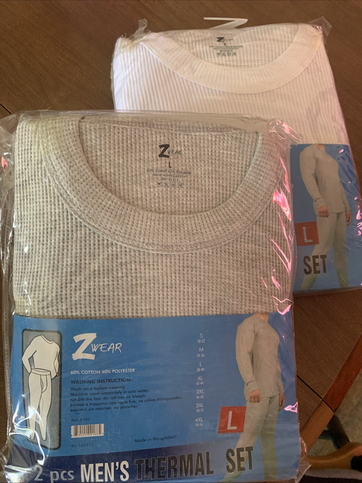 Z~Wear Men’s Large Thermal 2 Sets Top/Bottom NEW White/Gray