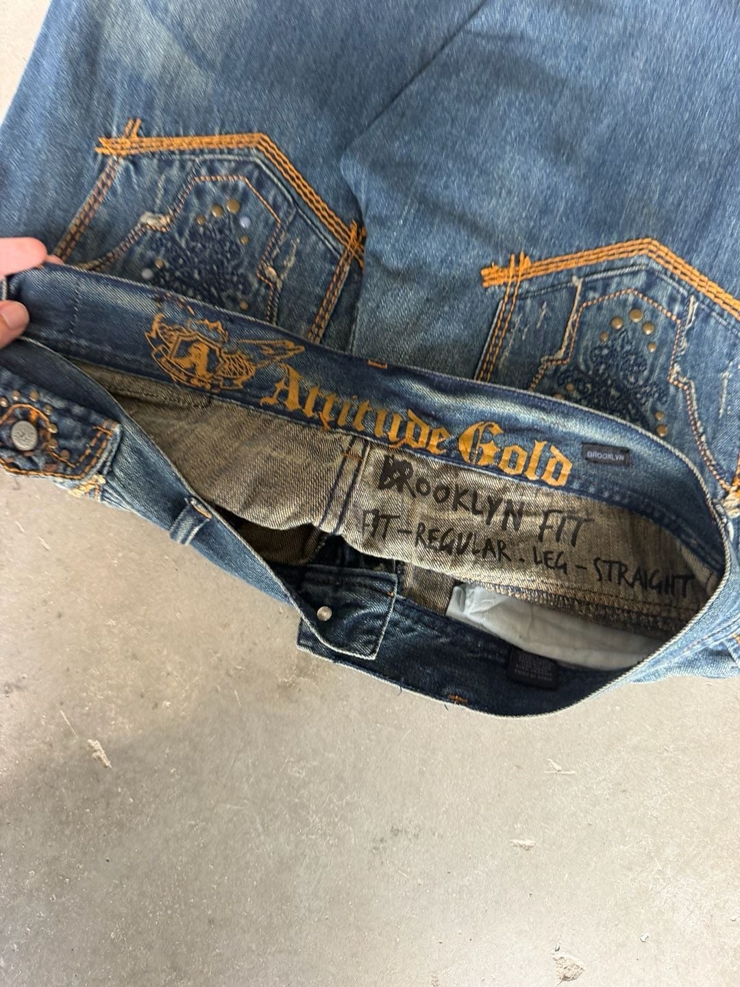 Attitude Gold Brooklyn Fit Regular Straight Leg Embroidered Studded Jeans