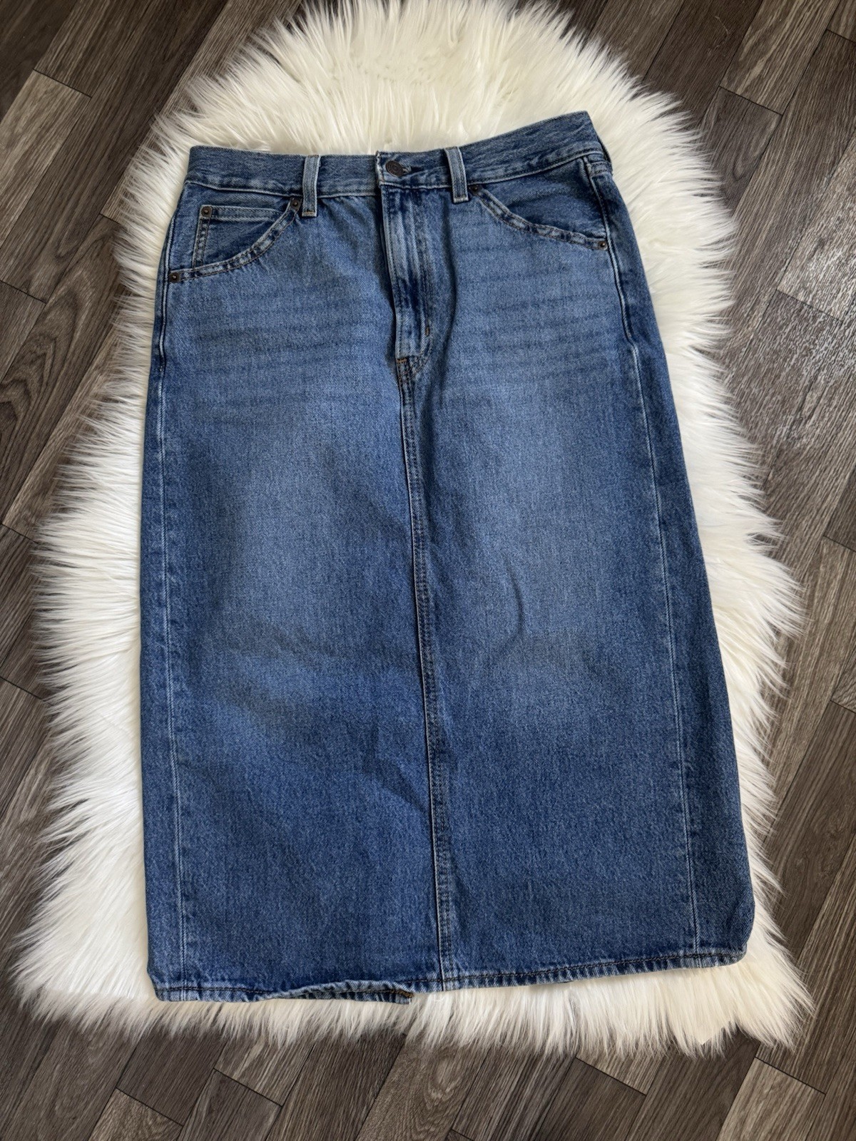 Levi Strauss & Co Womens Blue Denim Midi Skirt Straight Pencil Button Pockets 6