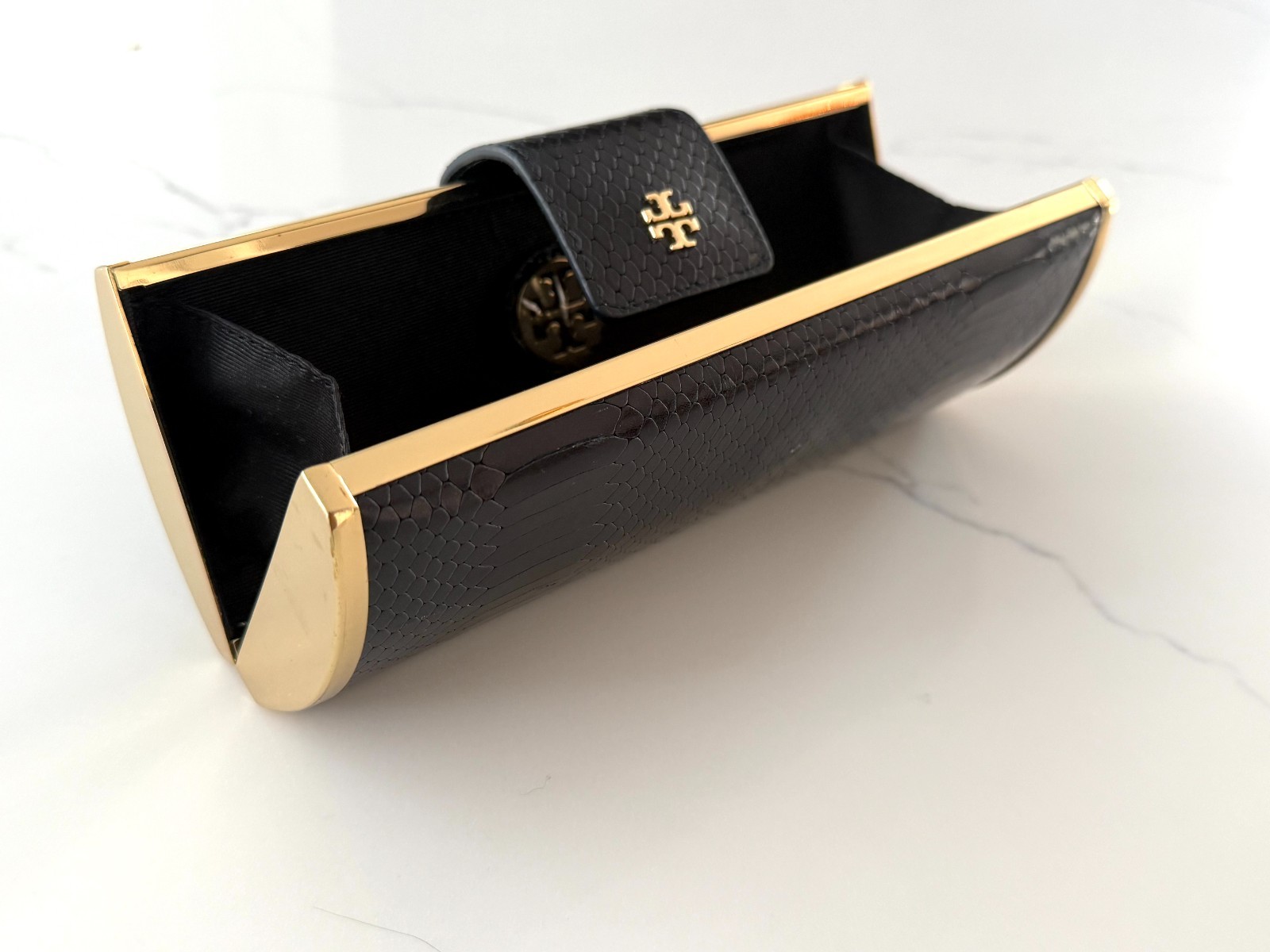 Tory Burch Embossed Black Leather Hard Shell Clutch with Gold Trim and Gold Logo