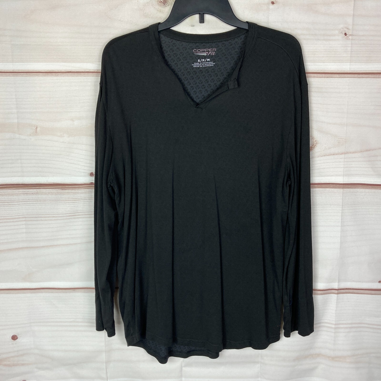 Copper Fit Top Womens Small Black Long Sleeve T-Shirt Modal Knit Solid V-Neck