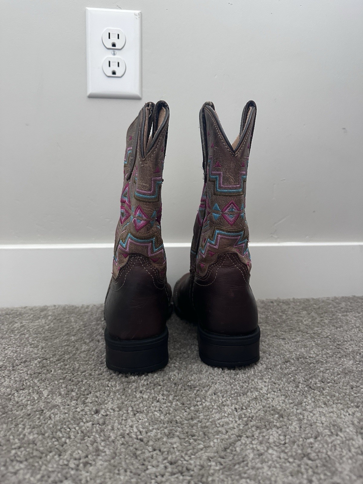 Roper Little Kids Cowboy Boots Size 2 Brown Leather Pink Aztec Western Girls