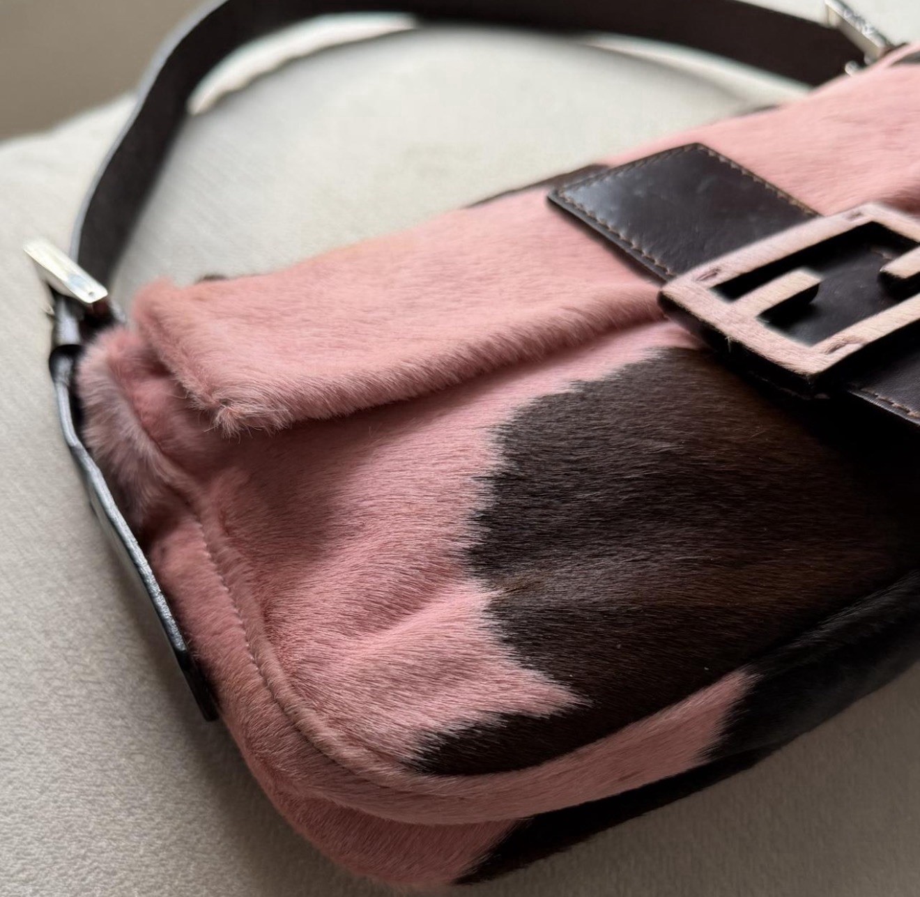 Fendi Pony Hair Print Shoulder Bag FF Buckle, Magnetic Closure Pink/Brown