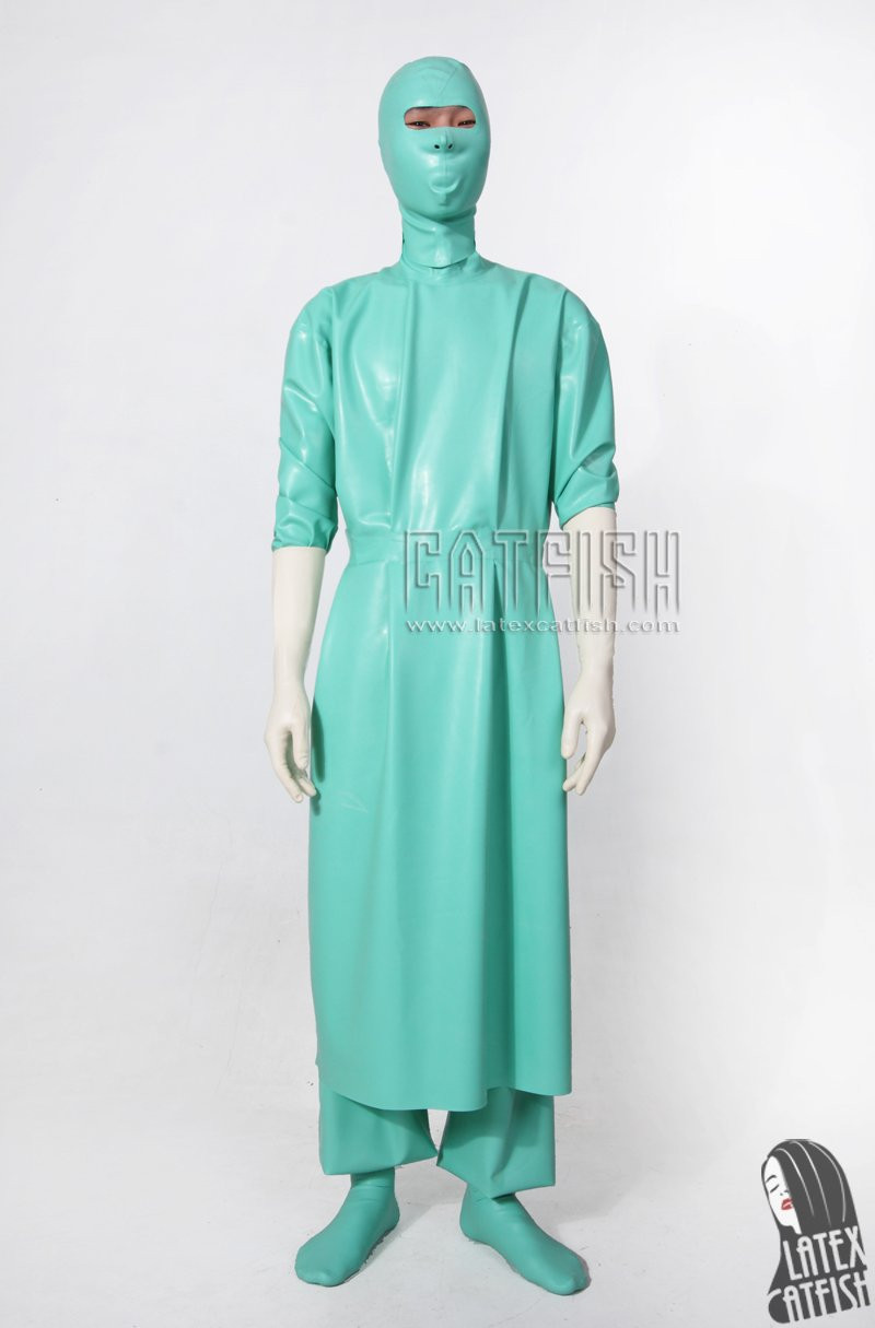 100% Latex Rubber Light Blue Hood Gloves Sock Long Nurse Uniform Cosplay Set