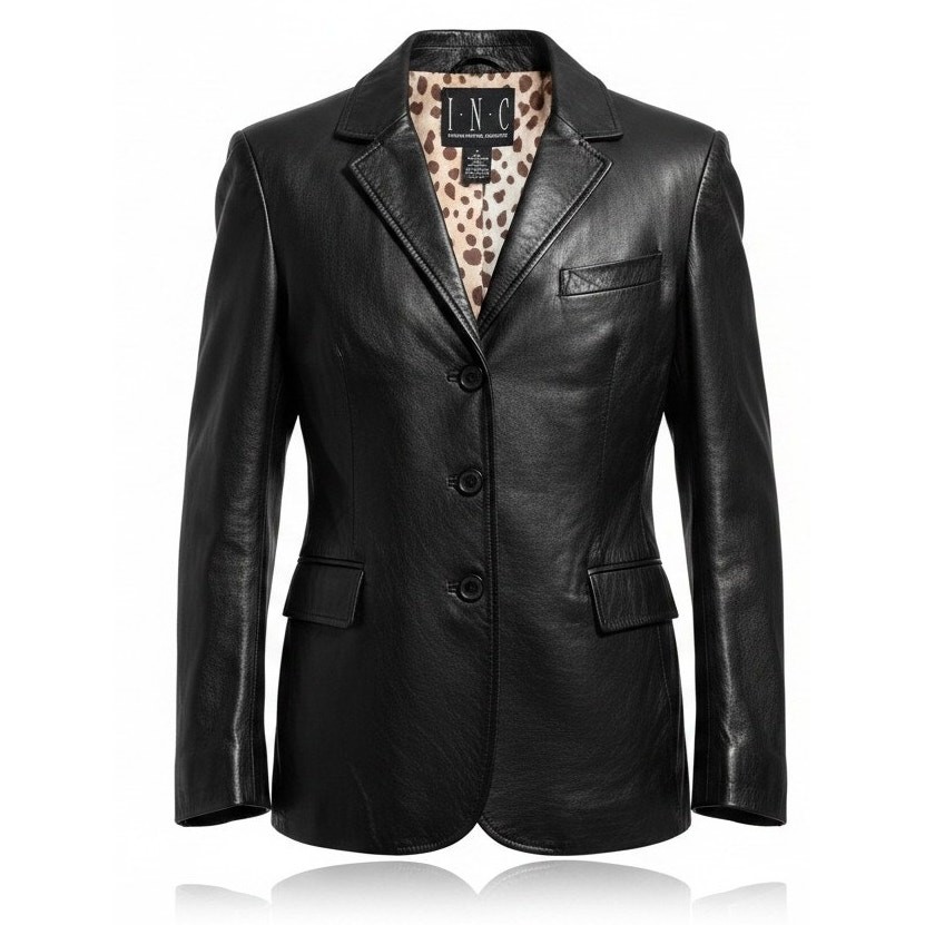 I.N.C. International Concepts Black Leather Jacket with Cheetah Print Lining