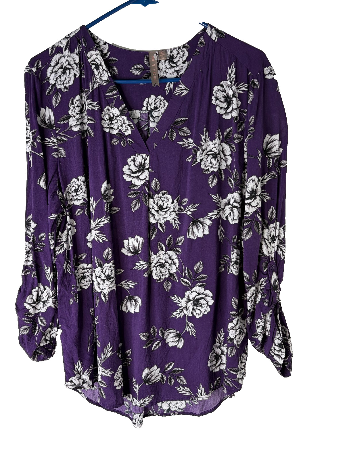 Brina & Em Stitch Fix Purple Floral V-Neck Blouse Roll Tab Sleeve Size XXL