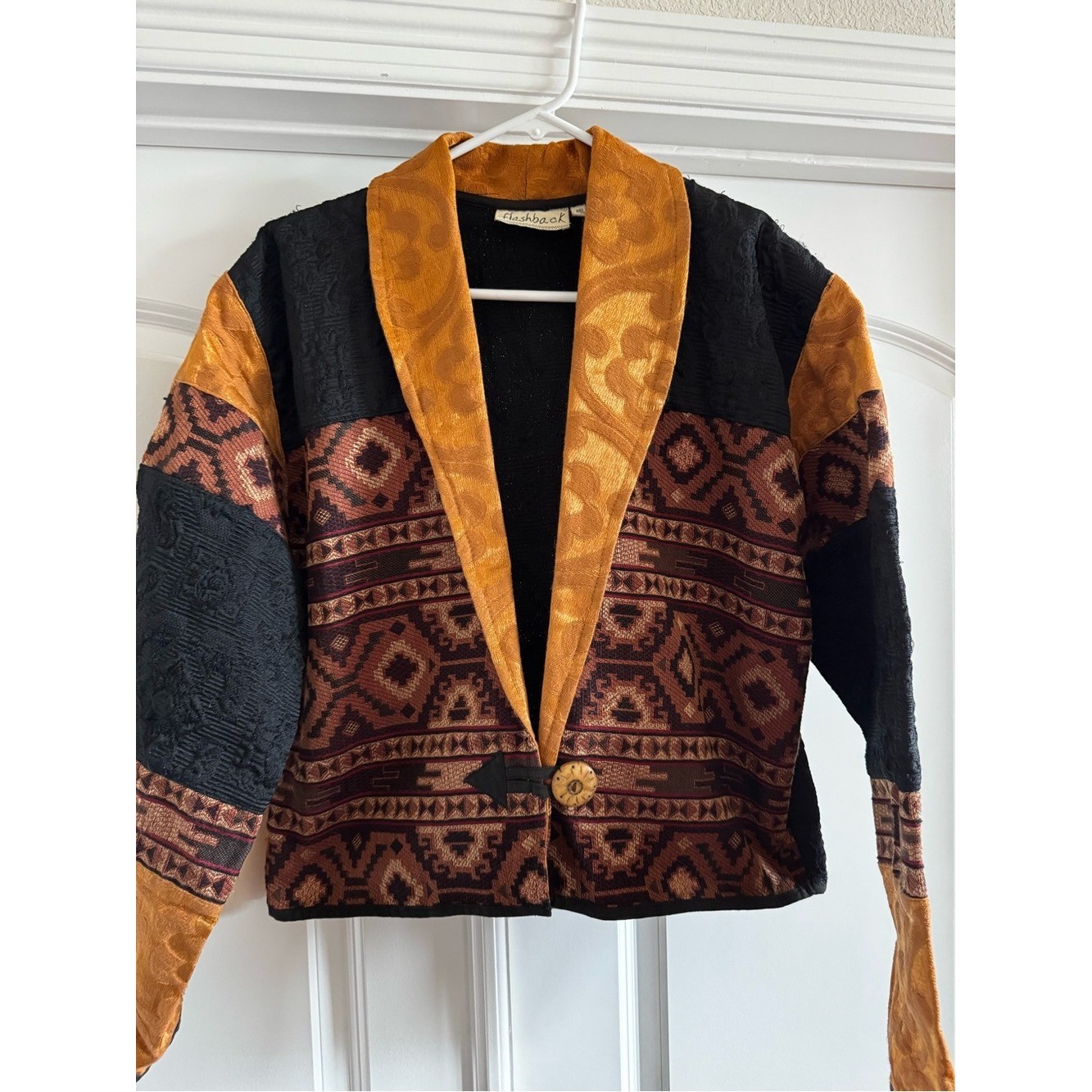 Vintage 90s Flashback Cropped Tapestry Jacket M Black Gold Southwestern Boho