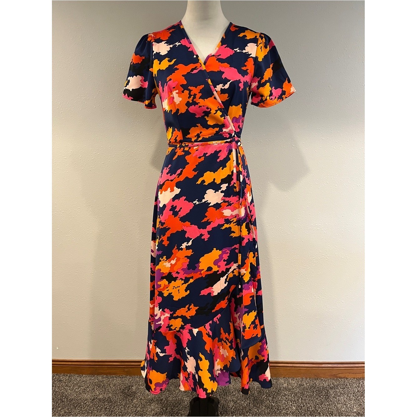 Navy Multi-Color short sleeves Wrap Midi Dress size extra small