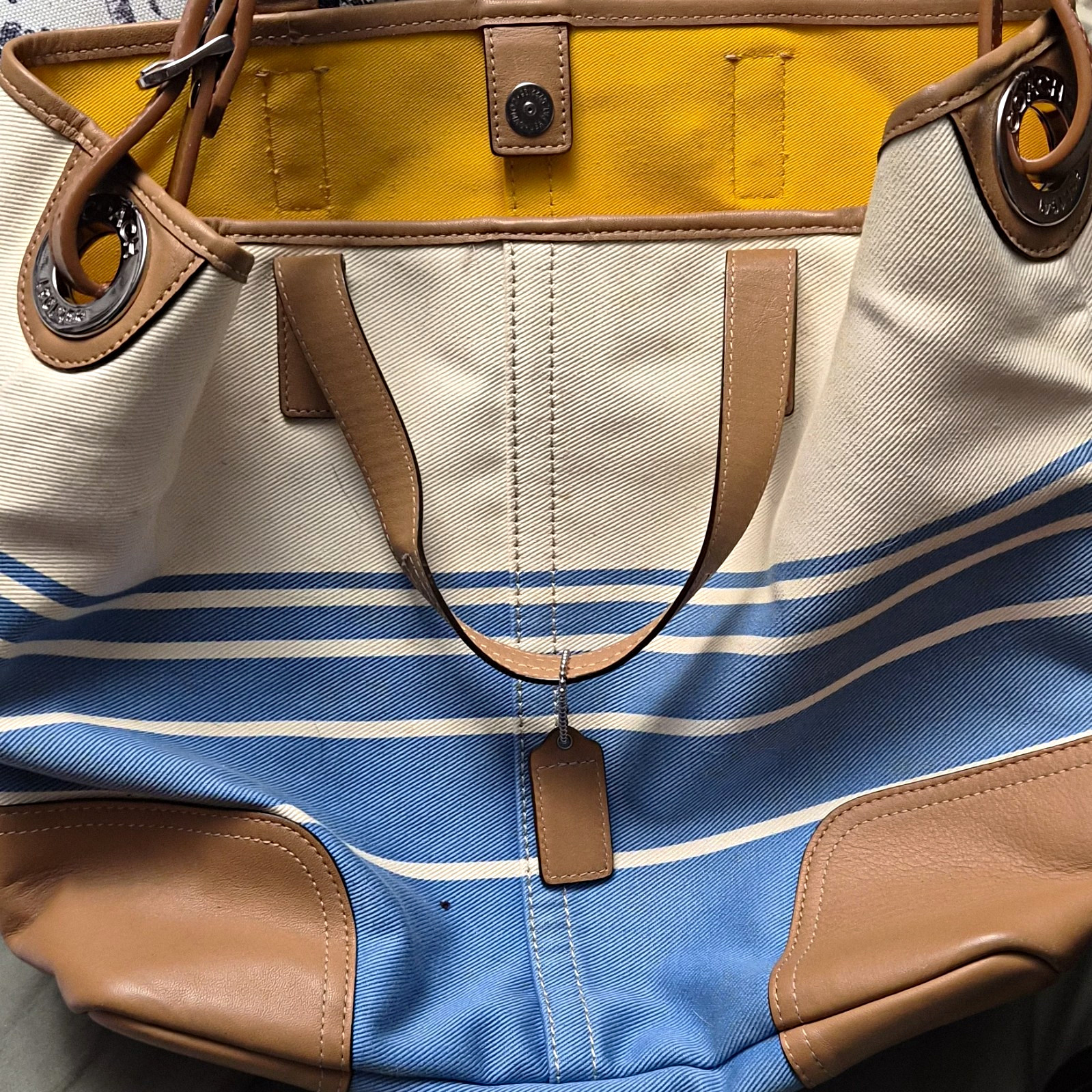 Women’s Blue/White Striped Tote Bag Brown Leather Double Handles Yellow Lined