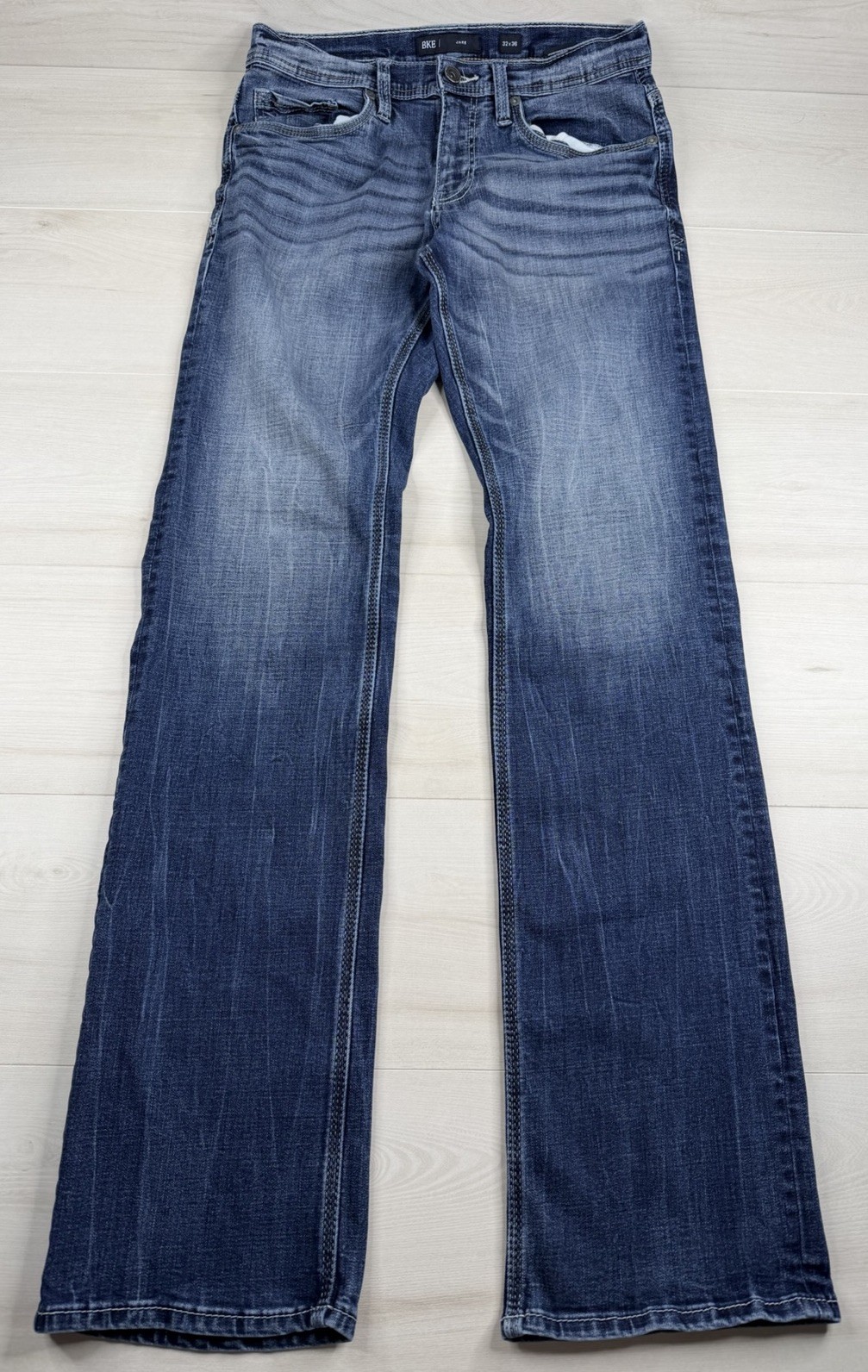Buckle BKE Jake Bootcut Jeans Dark Wash Stretch Whiskered Denim Mens 31×36 EUC