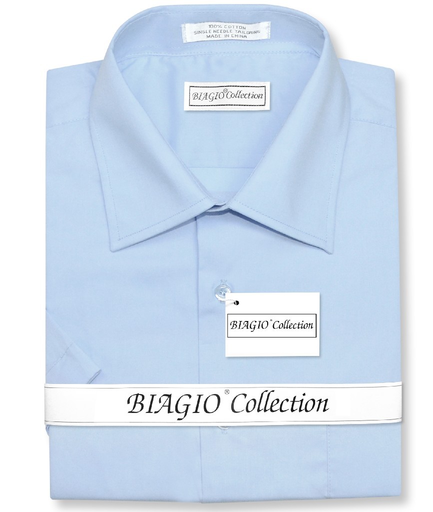 Biagio 100% Cotton Mens Short Sleeve Solid POWDER BLUE Color Dress Shirt sz Med