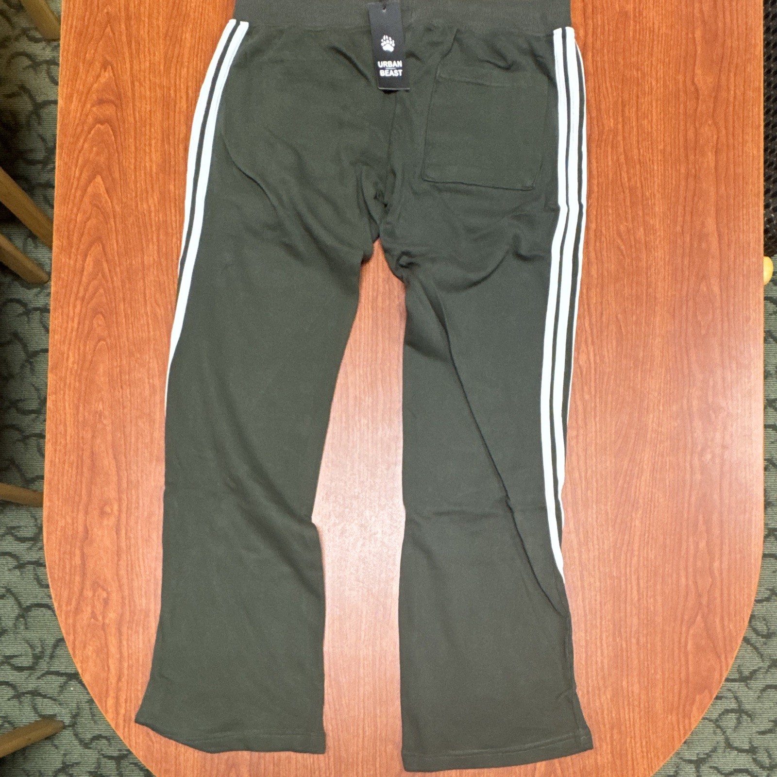 Urban Beast Men’s Track Pants 5 Stripes Elastic Drawstring Waist Olive White M