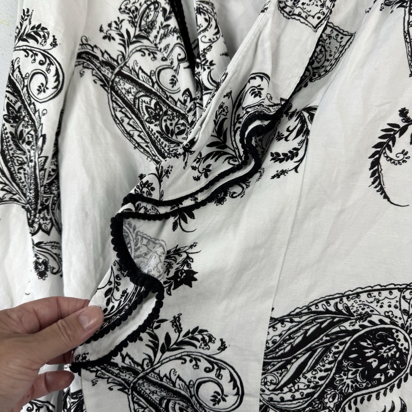 Chicos Size 3P Linen Blend Open Front Blazer White Black Paisley Womens XLP