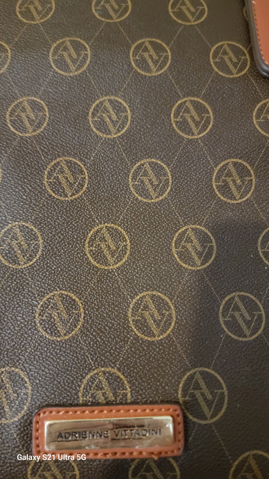 Adrienne Vittadini Monogram Shoulder Handbag Brown Purse Bottom Studs Base Zip