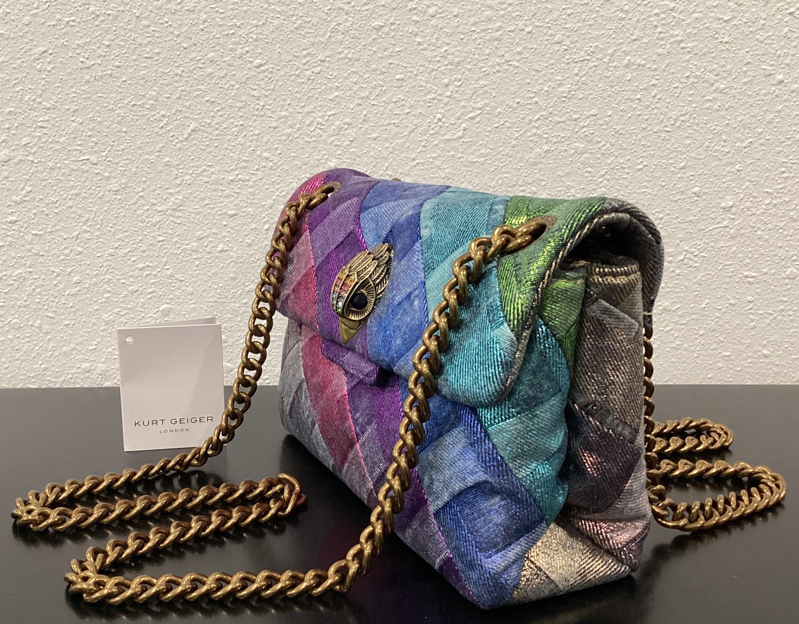 Kurt Geiger Mini Kensington 8″x5″x2.75″ Distressed Metallic Rainbow Denim Soft