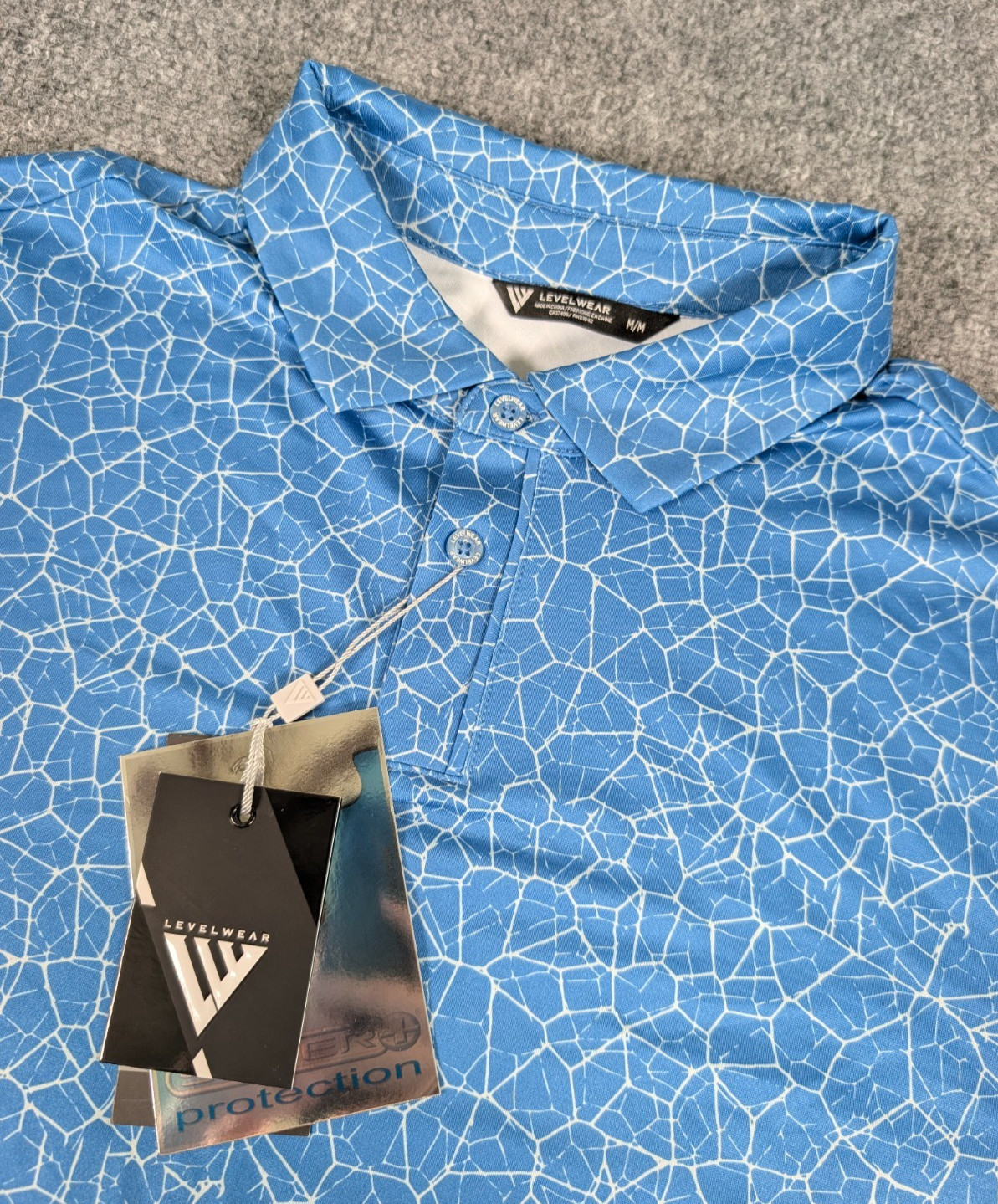 Levelwear Shatter Polo Shirt Mens Medium Blue Azure AOP Performance NWT