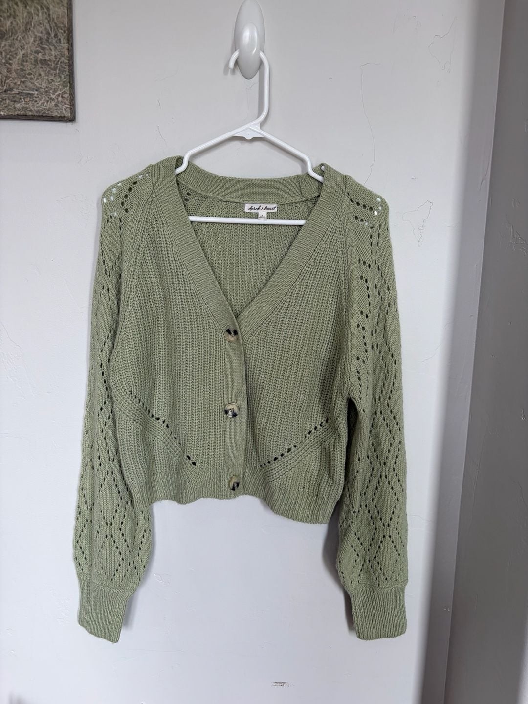 derek heart Women’s Sage Green Open-Knit Cropped Cardigan