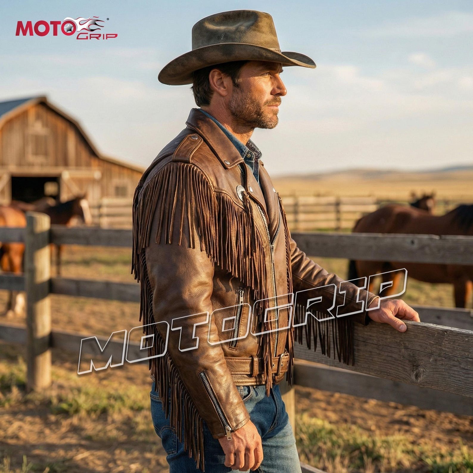 Men’s Brown Leather Fringe Jacket – Western Cowboy Biker Style – Vintage Tassel