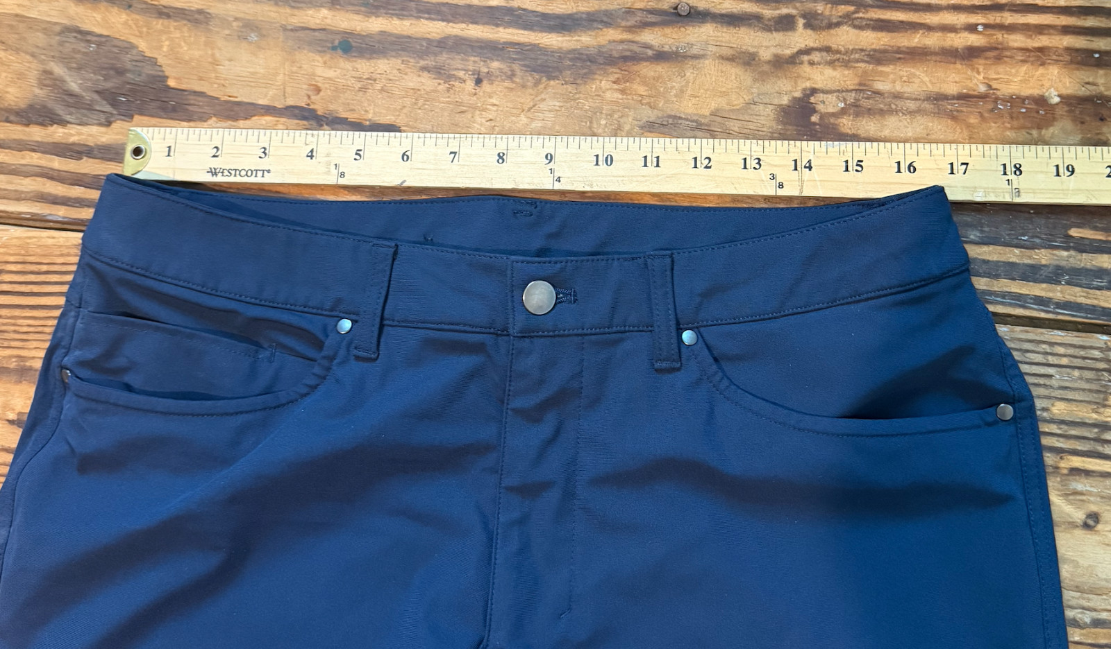 Lululemon ABC 5 Pocket Pant Warpstreme Nautical Navy Men Size 34 Short 34×26 EUC