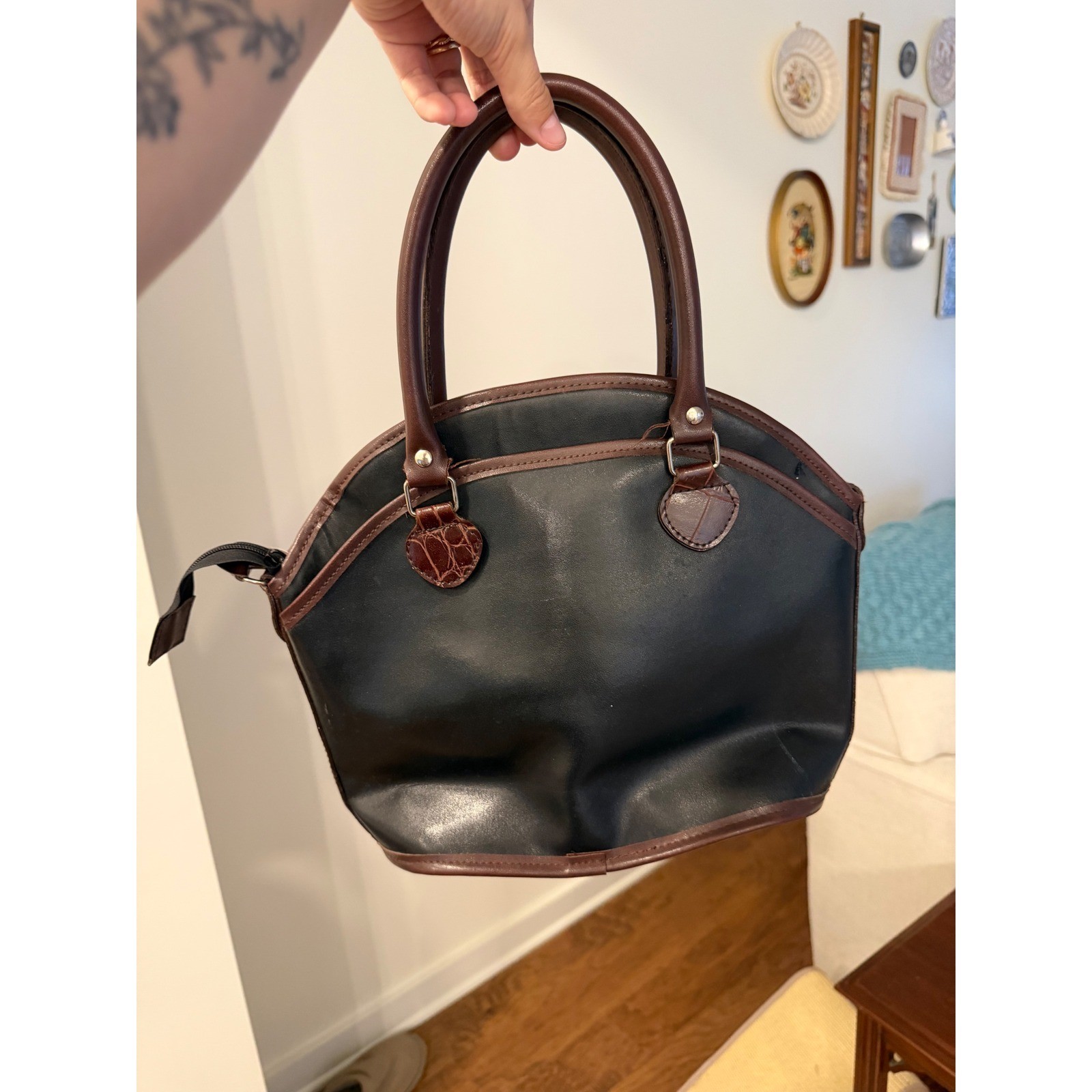 Western Woven Leather Satchel Handbag Black Brown Croc Heart Concho Dome Bag
