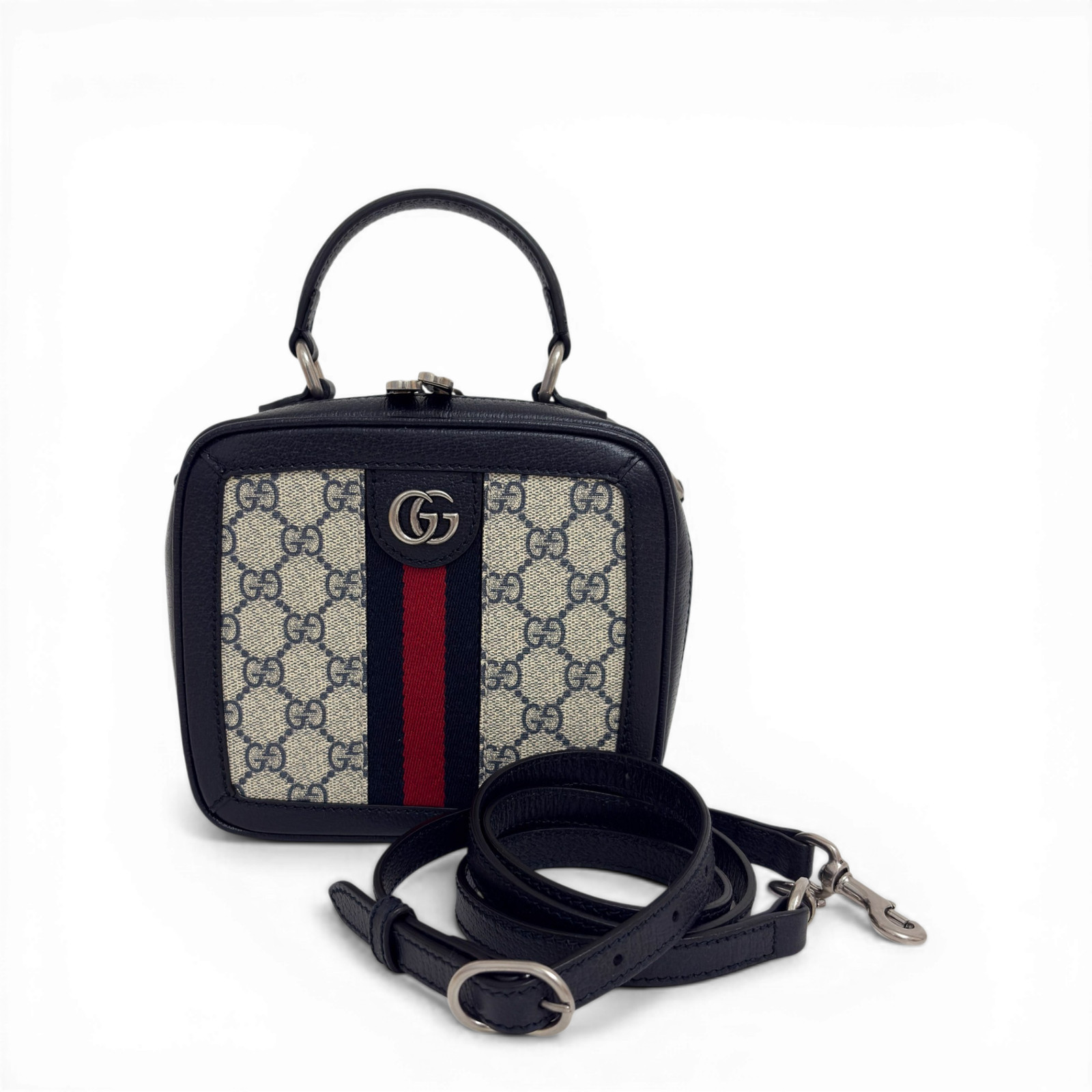 GUCCI GG Supreme Monogram Small Ophidia Top Handle Shoulder Bag Beige Navy