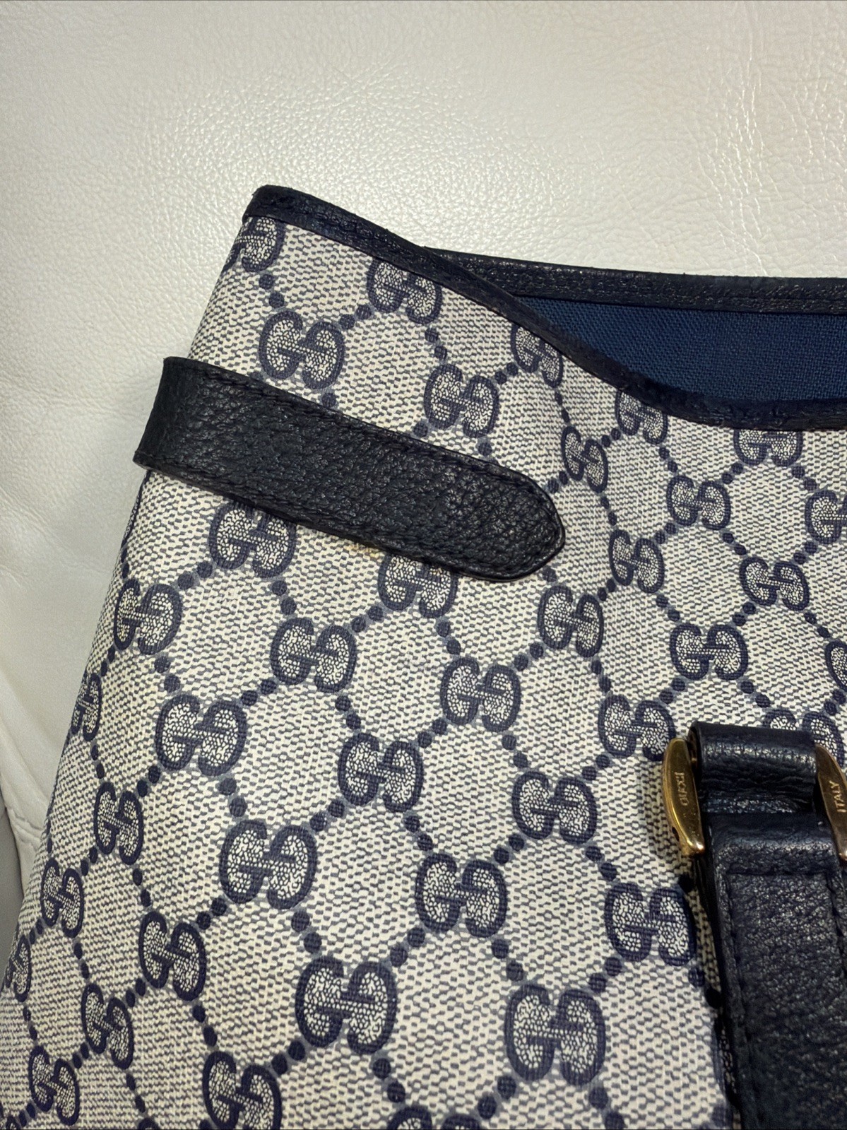 Gucci Tote Shoulder Bag Coated Canvas Gray Navy GG Pattern Accessories Collectio
