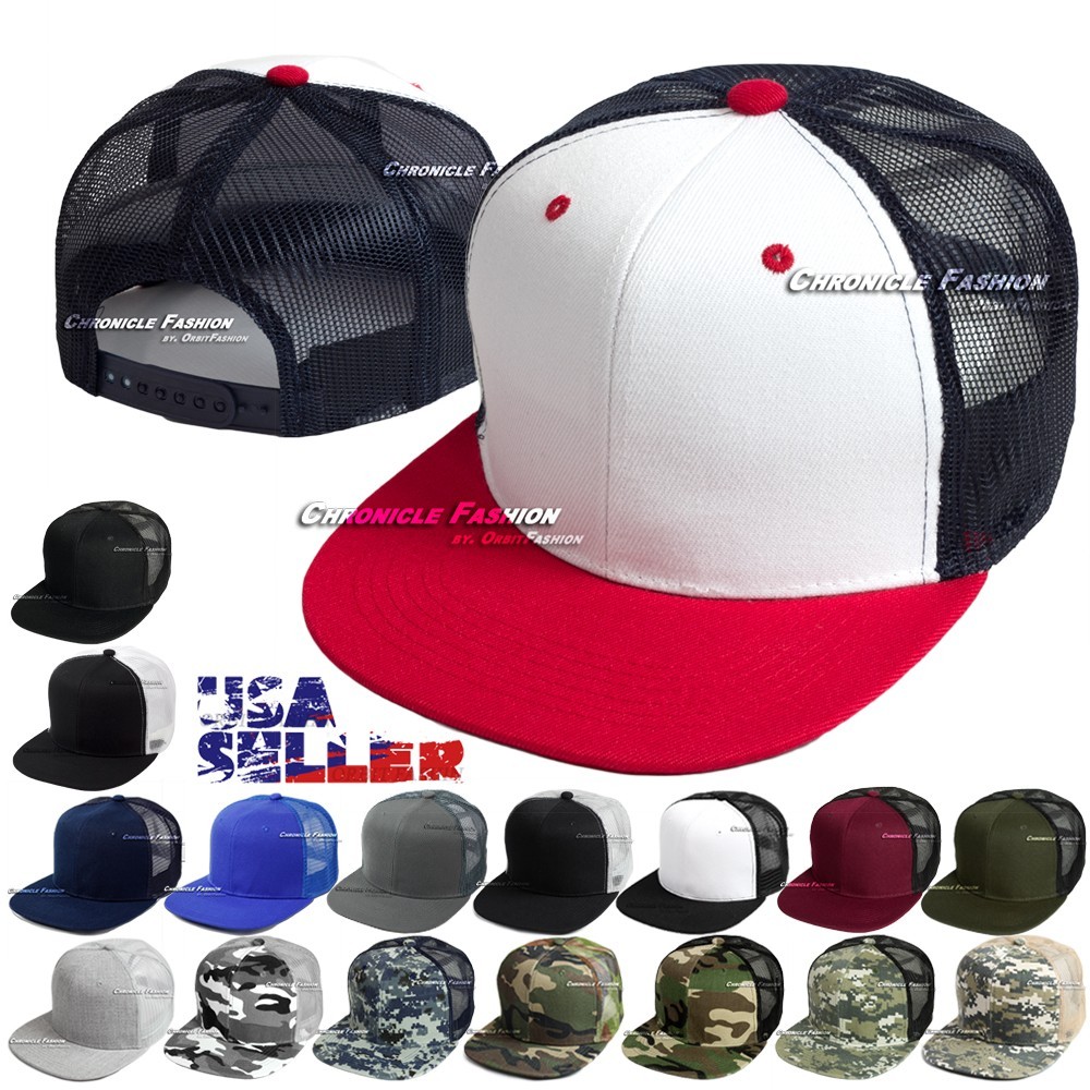 Trucker Hat Mesh Baseball Cap Snapback Adjustable Plain Solid Hip Hop Flat Men