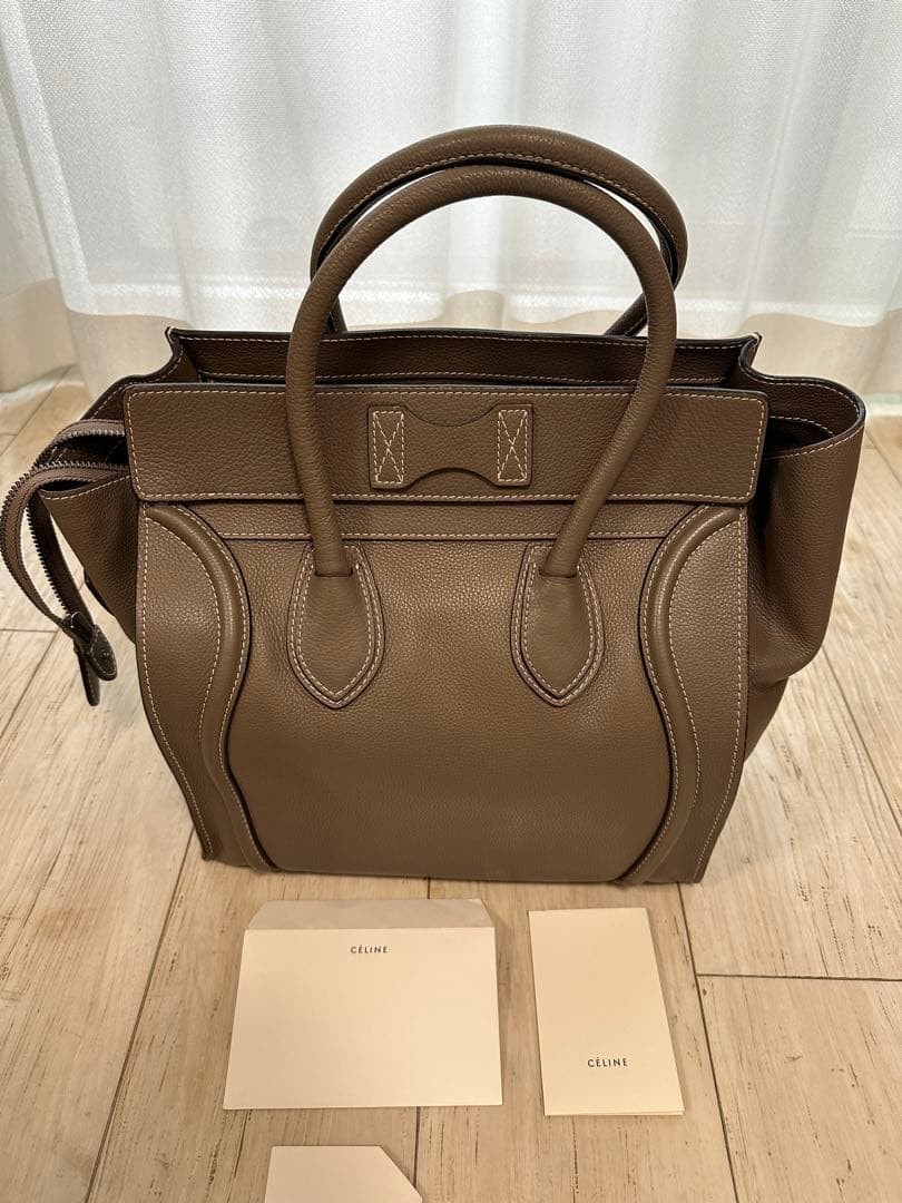 CELINE Nano Luggage Bag Greige Drummed Leather Top Handle Shoulder Tote Bag