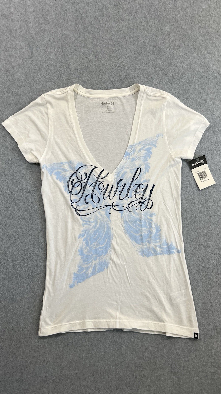 New Y2K Hurley White V-Neck Butterfly Graphic T-Shirt Size Large