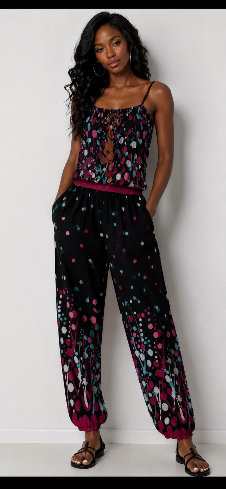 Women’s L Floral Jumpsuit One-Piece Sleeveless Strap Accent Black Pink Blue