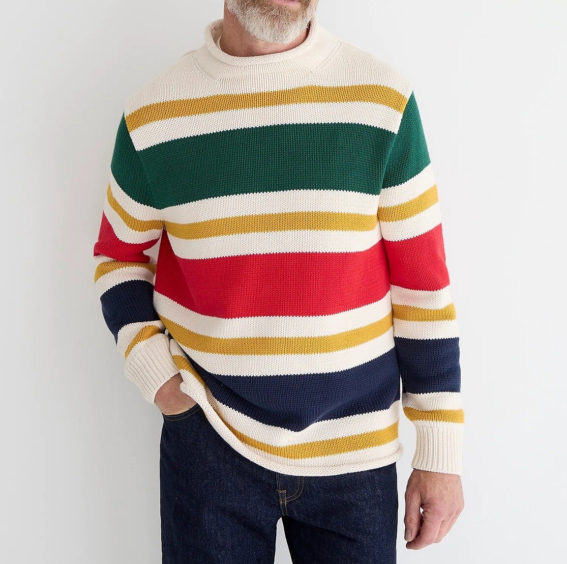 J.CREW roll neck sweater stripe white red green navy cotton chunky fisherman’s