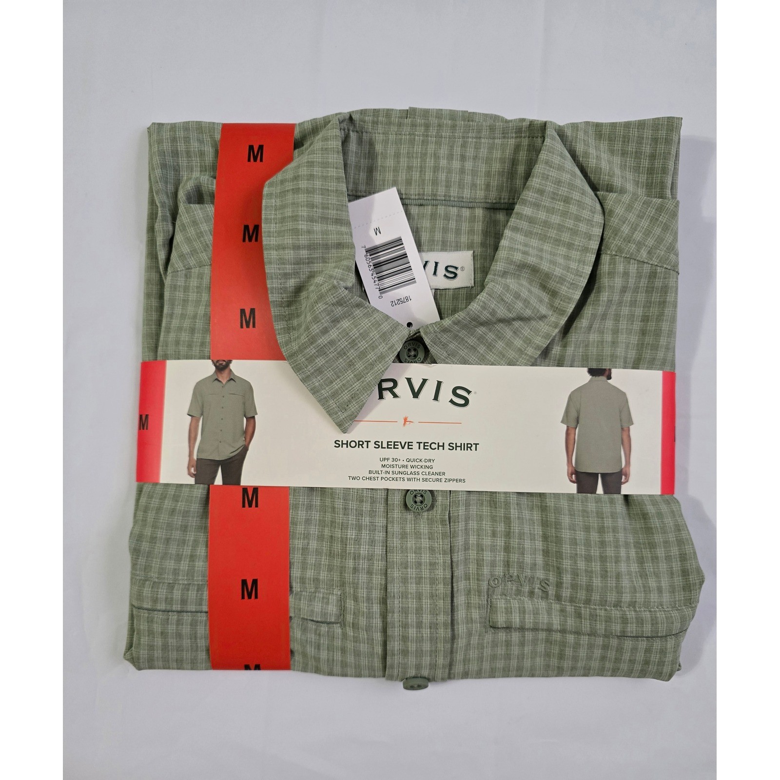 Orvis Mens Short Sleeve Tech Shirt Green Plaid UPF 30+ Quick Dry Medium NWT