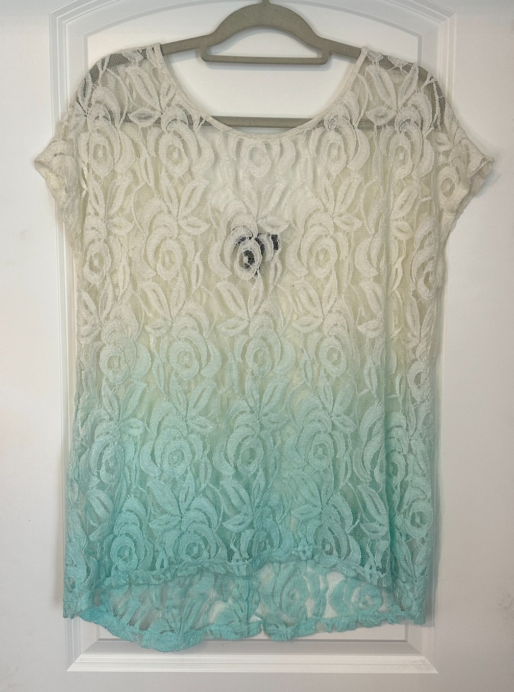 Lane Bryant Lace Ombre Top Womens 14/16 Ivory Mint Floral Short Sleeve Blouse