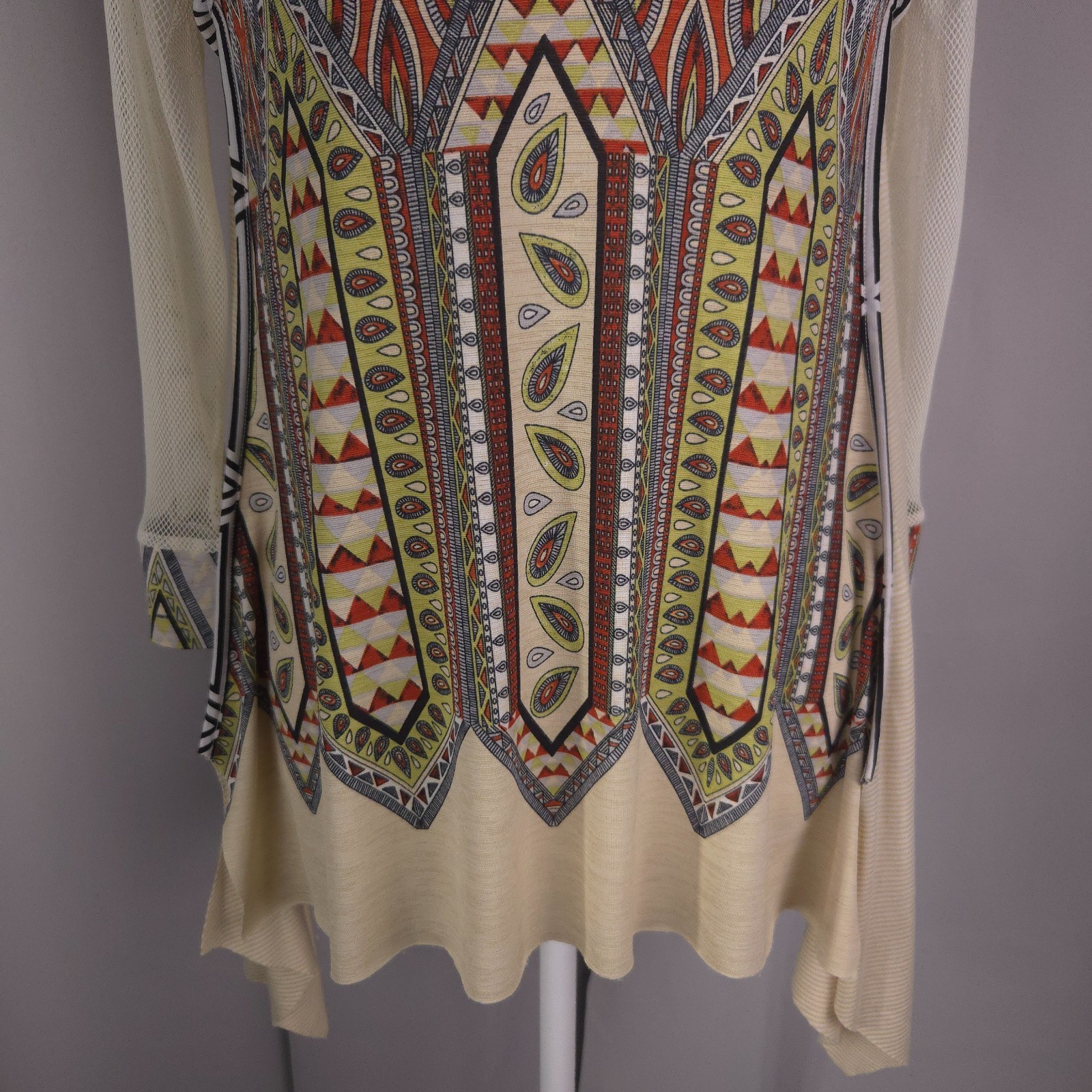 Womens Top Small Boho Tribal Print Mesh Tunic Handkerchief Hem Artsy Festival