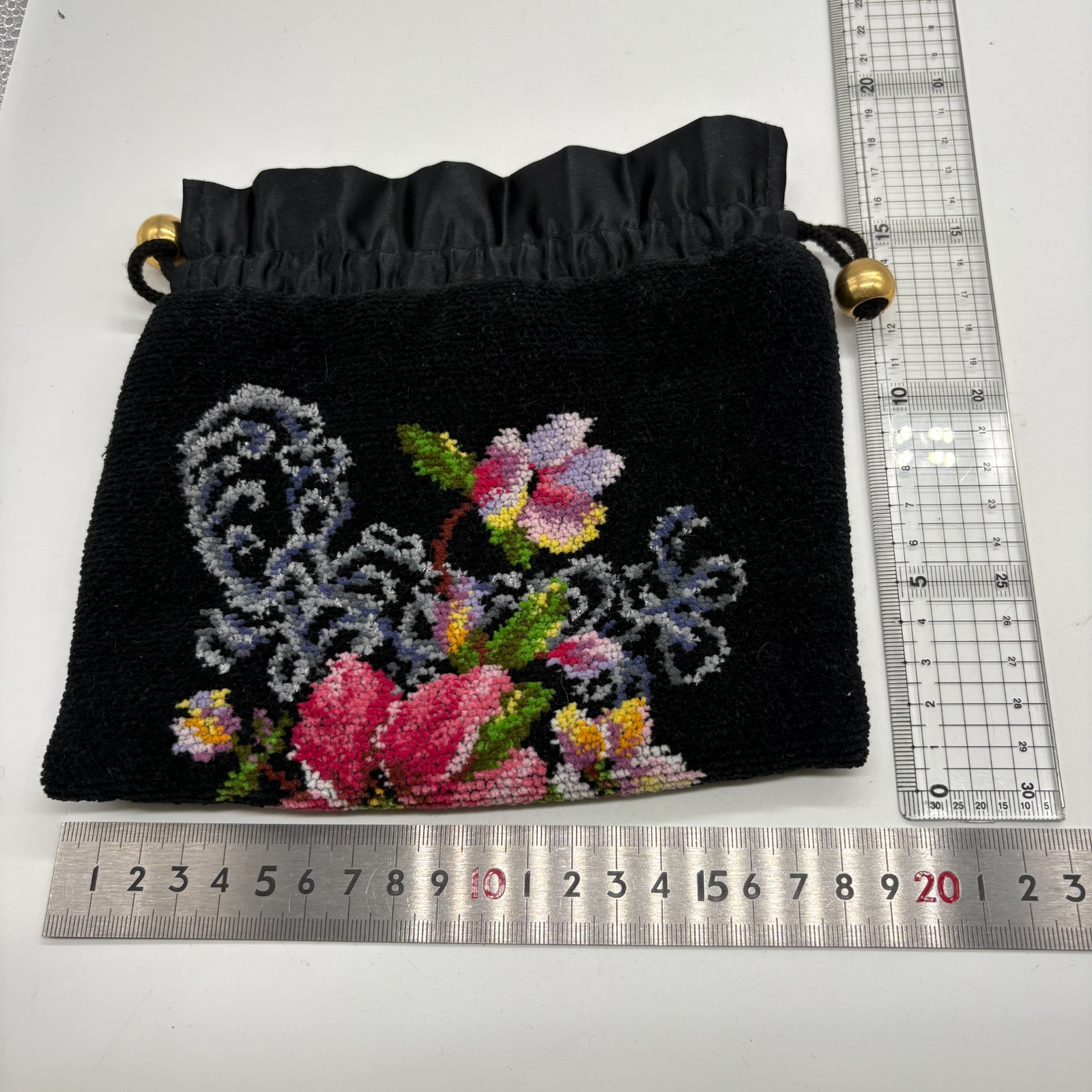 FEILER drawstring pouch, floral pattern, chenille fabric, no. 207