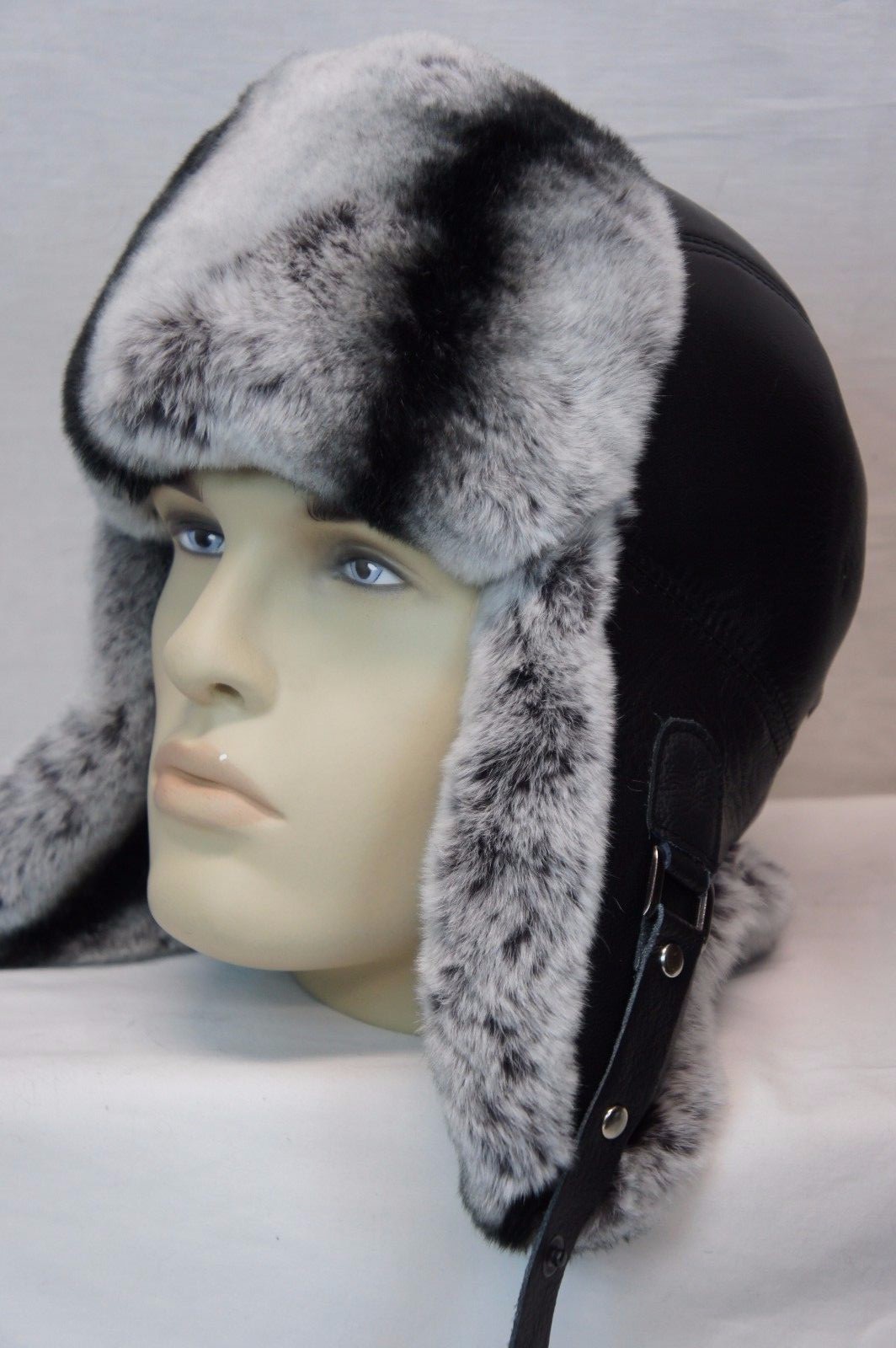 GENUINE CHINCHILLA Rex Fur REAL LEATHER Unisex Trapper Ushanka Winter Hunter Hat