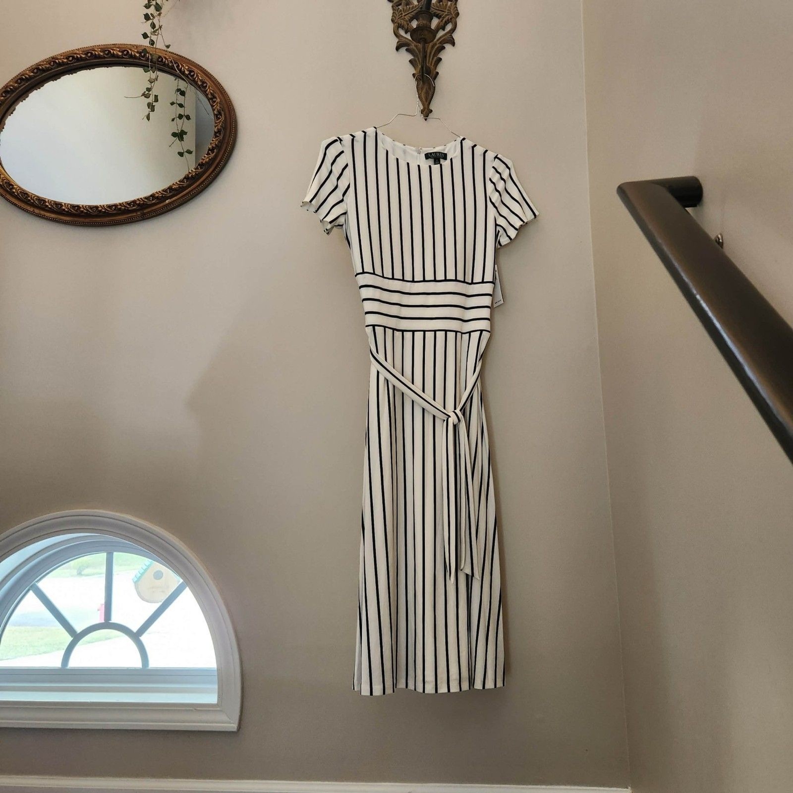 Ralph Lauren Striped Jersey Dress Navy Midi NWT $125 MSRP Nautical Old Money