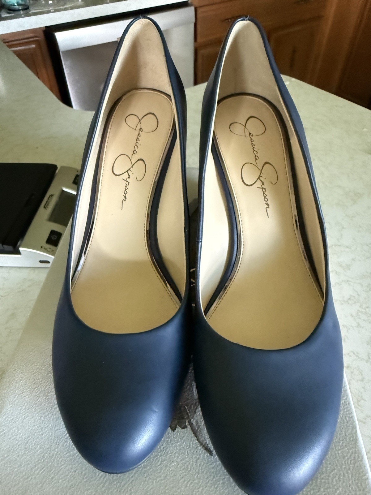 Jessica Simpson Women’s Blue Leather Wedge Pump Heels Round Toe Slip On 9M