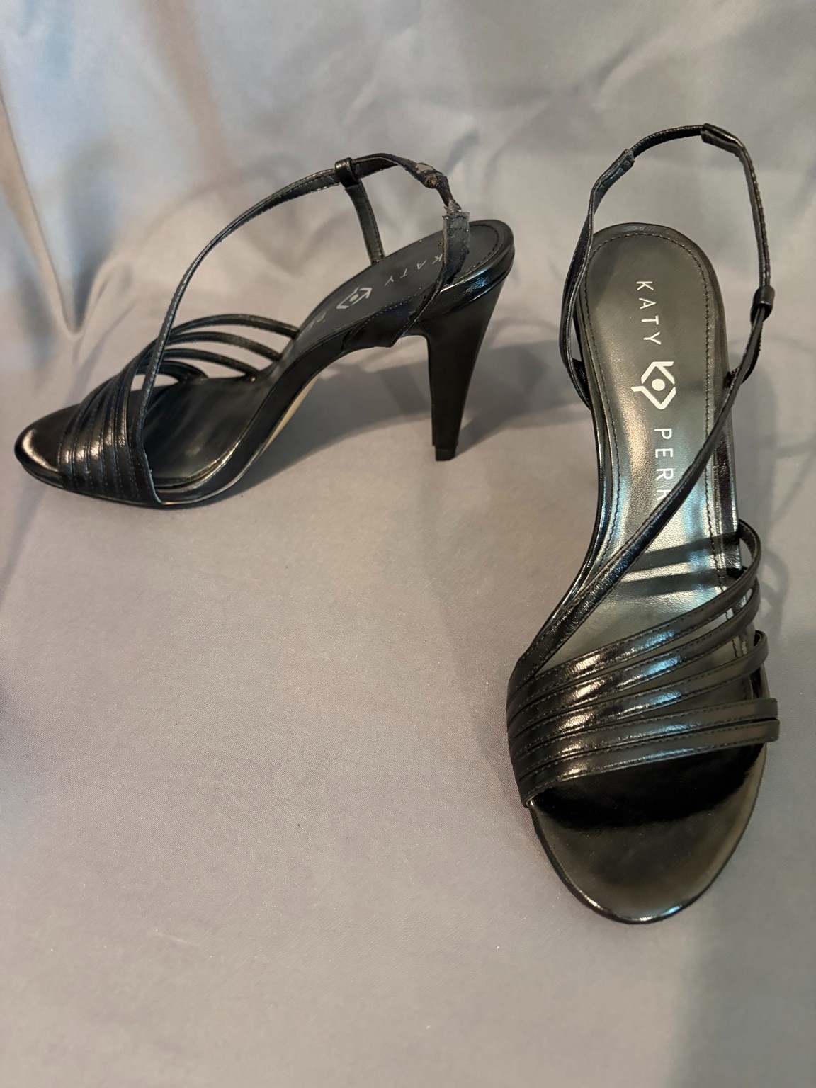 Katy Perry Bryson Black Metallic Strappy Heels 6.5M NIB 4″ Slingback Pumps