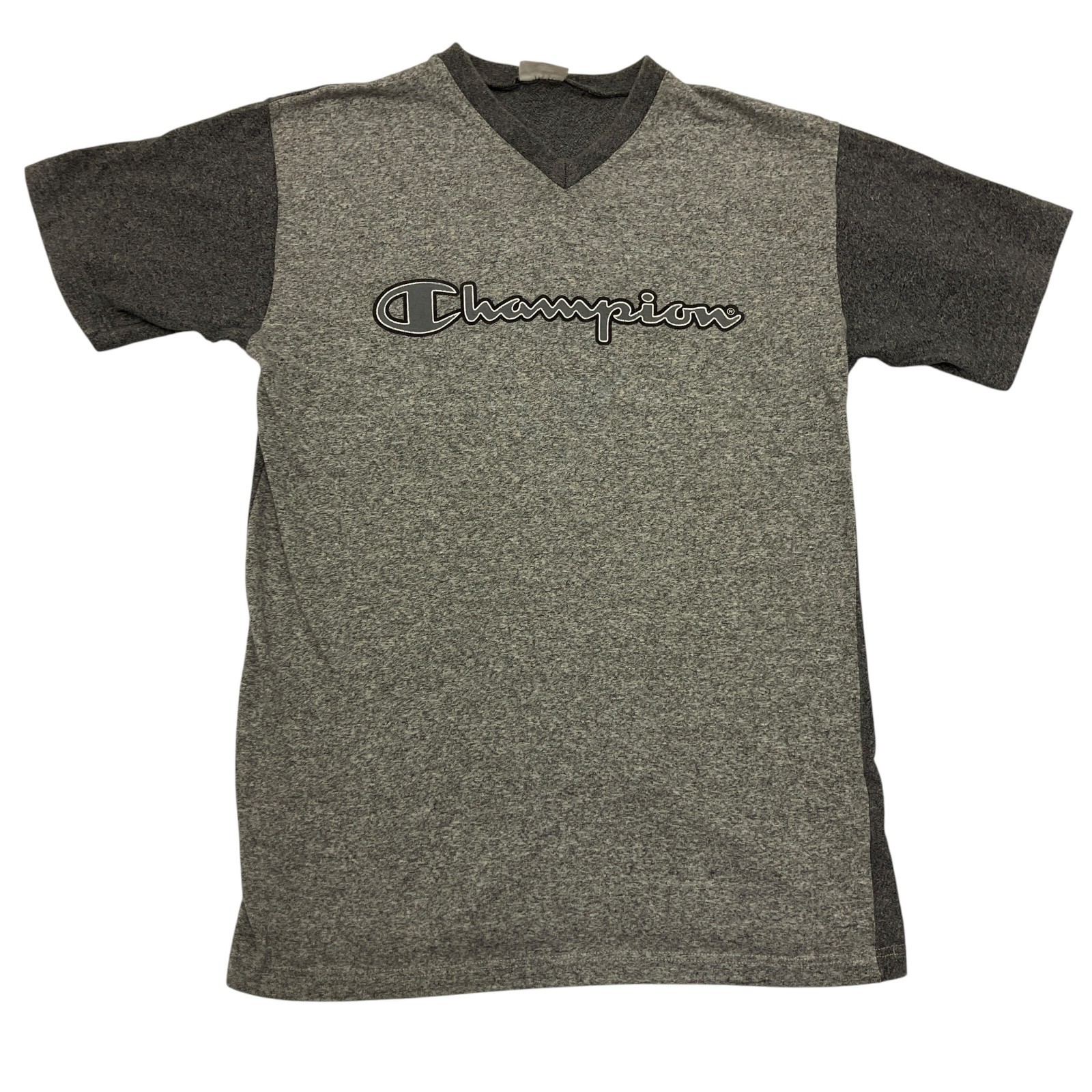Vintage Champion T Shirt Small Grey Script Logo Embroidered V Neck 90s 00s USA