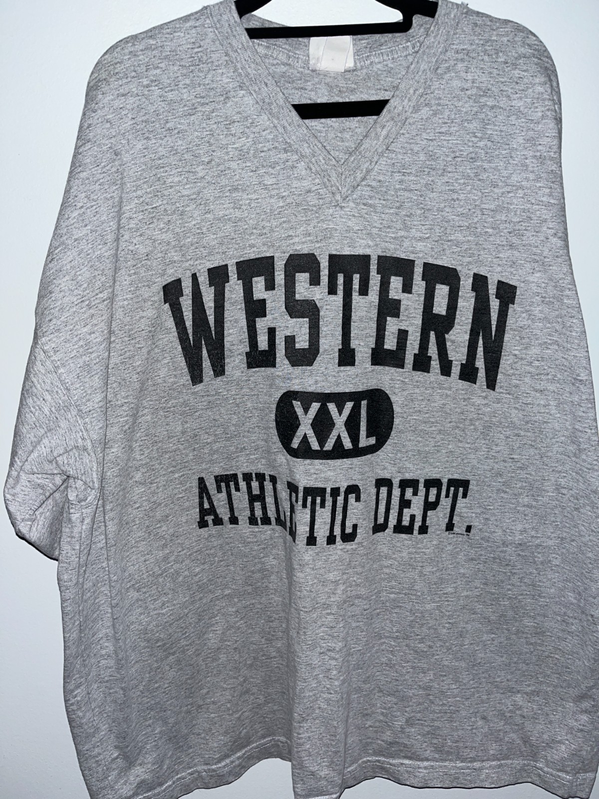 VINTAGE WESTERN XXL ATHLETIC DEPT. HALF SLEEVE T-SHIRT Grey V-Neck College WIU